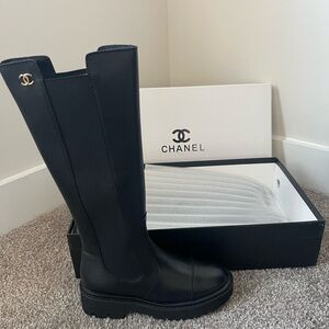 CHANEL Elegant Black Over the Knee Boots